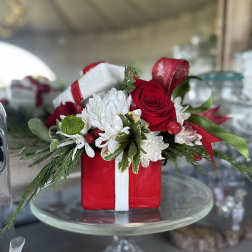 Red rose and white daisy arrangement in a gift box