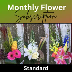Monthly flower subscription graphic with three tropical floral arrangements