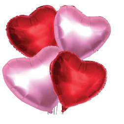 Four heart-shaped foil balloons in red and pink