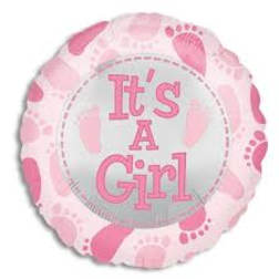 Pink round balloon with "It's A Girl" text and baby footprints