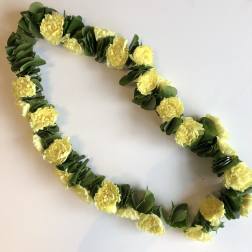 Yellow flower lei with green leaves on a white background