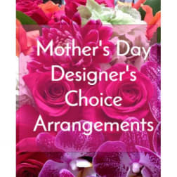 Pink floral arrangement with roses and orchids labeled Mother's Day Designer's Choice