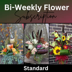 Bi-weekly flower subscription graphic with three floral arrangement examples