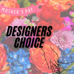 Mother's Day graphic over a colorful mixed flower bouquet
