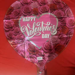 Heart-shaped Valentine’s Day balloon with pink roses and red background
