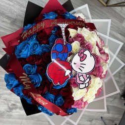 Bouquet of multicolored roses with Spider-Man and Hello Kitty toppers