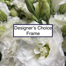 White lisianthus blooms with green buds in a close-up floral frame