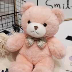 Pink plush teddy bear with a plaid bow tie