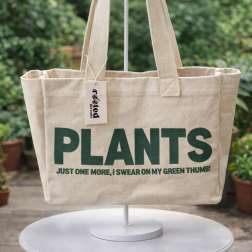 Canvas tote bag with the word PLANTS printed on it