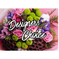 Pink roses and purple flowers with green pompons on a pink background