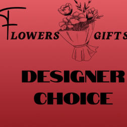 Red floral shop graphic with a bouquet illustration and the words Flowers Gifts Designer Choice