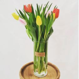 Glass vase of colorful tulips on a wooden stand