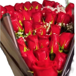 Bouquet of red roses wrapped in dark paper