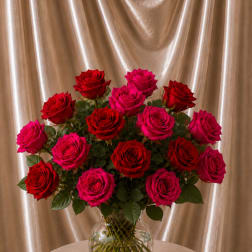 Fuchsia & Red Rose Garden in Clear Vase