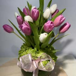 Pink and white tulips arranged in a round vase with a ribbon bow
