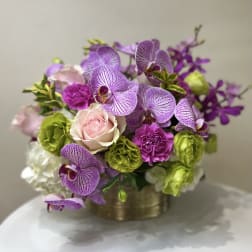 Purple orchids with pink roses and green carnations in a gold container
