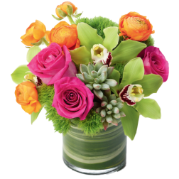Pink roses and orange ranunculus in a glass vase with succulents