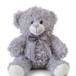 Lavender plush teddy bear with a plaid ribbon bow