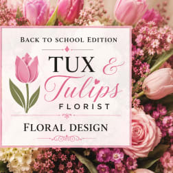 Pink tulips and roses surround a floral shop sign reading Tux & Tulips.