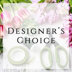 Designer’s choice floral graphic with pink tulips and pale blossoms