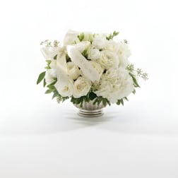 White rose bouquet in a silver vase with cream ribbons