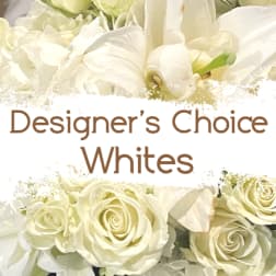 White roses and calla lilies with "Designer’s Choice Whites" text