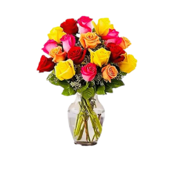Bouquet of multicolored roses in a clear glass vase