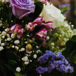Bouquet of purple and white roses with small filler flowers