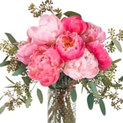 Pink peony bouquet in a clear glass vase