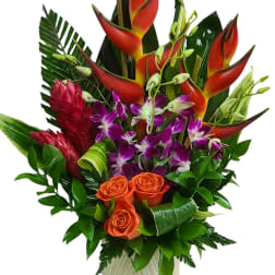 Tropical bouquet with orange roses, purple orchids, and red heliconia in a vase