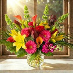 Bright mixed bouquet in a clear glass vase with yellow lilies and pink flowers