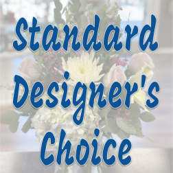 Blue text over a blurred floral bouquet background