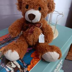 Brown teddy bear with a ribbon bow and price tag