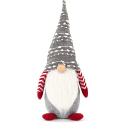 Plush gnome with a tall gray hat, white beard, and red striped arms and feet