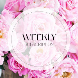 Pink roses and peonies with a "Weekly Subscription" label