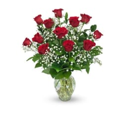 Red roses arranged in a clear glass vase with white filler flowers