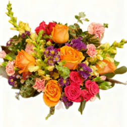 Mixed bouquet of orange, pink, and purple flowers