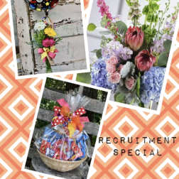 Collage of floral gifts, a balloon bouquet, and a candy basket