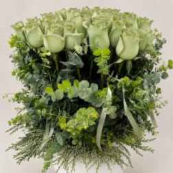 Arrangement of pale green roses in a white vase with trailing greenery