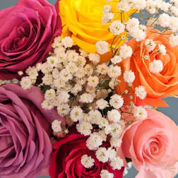 Bouquet of multicolored roses with white baby's breath