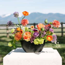 Low black bowl of orange, purple, and green mixed flowers arranged outdoors with mountains in the background.