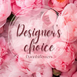 Pink peony blossoms with a "Designer's choice" text overlay