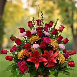 Red roses and lilies arranged in a decorative vase