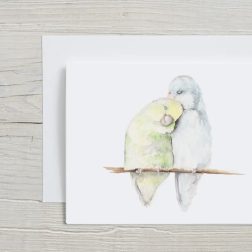 Watercolor card with two pastel birds perched together