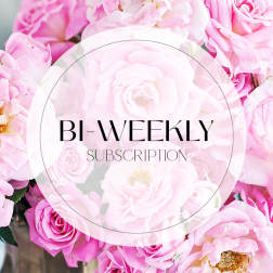 Pink roses and peonies with a "Bi-Weekly Subscription" label