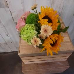Bouquet with sunflowers, pink roses, and pale daisies
