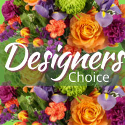 Colorful mixed flowers with "Designers Choice" text overlay