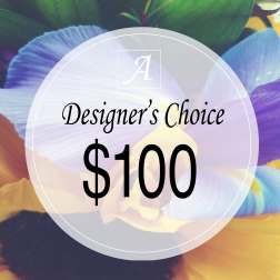 Designer’s Choice $100 floral arrangement graphic with colorful petals