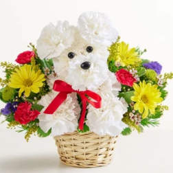 White teddy bear made of flowers in a wicker basket with colorful blooms