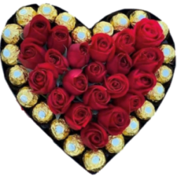 Heart-shaped box of red roses surrounded by gold-wrapped chocolates